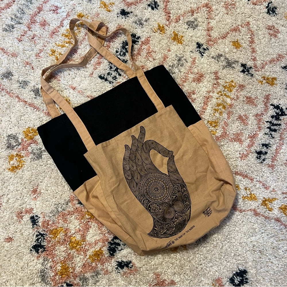 The Hand of Buddha Canvas Tote Bag, Large Size, Black & Tan 🧘🏽‍♀️🪬✨